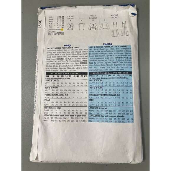 Y2K Butterick Sewing Pattern Size 14-16-18 5360 Petite Top Dress Vintage CUT - Picture 3 of 6